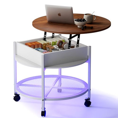 VINGLI 27" Round Lift Top Coffee Table with Wheels & Lights, White & Brown | Removable Coffee Table with Hidden Compartment Storage & Metal Shelf, Small Farmhouse Coffee Tables for Living Room, Office - color: White & Brown