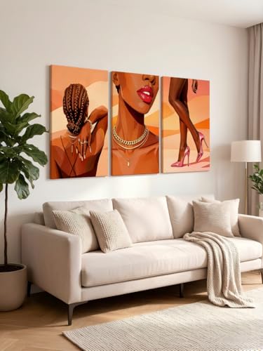 RYZopmuy Black Girl Wall Art Set of 3 Modern Black Female Painting Pictures | African American Black Women Canvas Posters Black Female Painting Pictures for Bedroom Living Room Bathroom 12x16in - color: African American women, size: 16L"x12W"