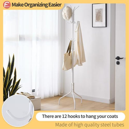 Coat Rack Freestanding for entryway,Living Room,Bedroom,Metal coat tree with12 Hooks and 3 Legs,hat stand (White) - color: White