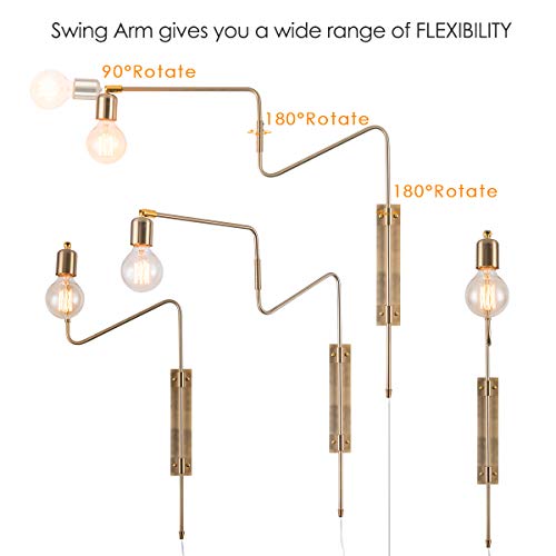 Industrial Brass Plug in Swing Arm Wall Sconces, Set of 2 | Modern Adjustable Rotatable Bedside Lamp Over Bed Wall Mount Lighting Fixturefor Bedroom, Living Room& Nightstand - color: D-Gold-2 Pack
