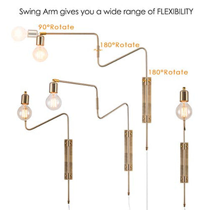 Industrial Brass Plug in Swing Arm Wall Sconces, Set of 2 | Modern Adjustable Rotatable Bedside Lamp Over Bed Wall Mount Lighting Fixturefor Bedroom, Living Room& Nightstand - color: D-Gold-2 Pack