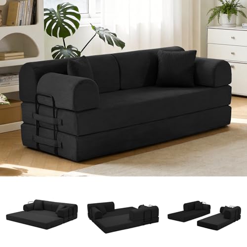 78.8" Convertible Sofa Bed with High Back,Boneless Couch for Living Room | Corduroy Memory Foam Boneless Couch, Sleeper Loveseat, High Back Support Futon Couch,2 Pillows, No Assembly,Black - color: Black, size: 79" High Backrest Sofa with Pillows