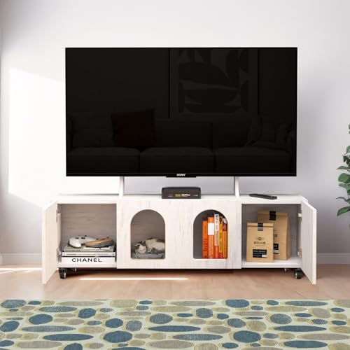 Pmnianhua Mobile Corner TV Stand on Wheels for 60" TVs,48" Portable TV Media Console with TV Mount Stand Shelf and 4 Cabinets,Corner Entertainment Center with Storage Shelves for Living Room(white)