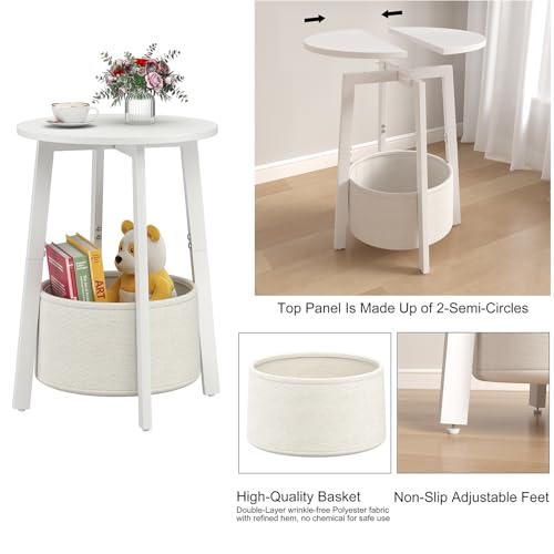 sthmec Small Round Side End Table with Cloth Storage Basket, Round Bedside Sofa Couch Coffee Tables for Small Places with Metal Frame, Modern Nighstands for Living Room Bedroom,White - color: White