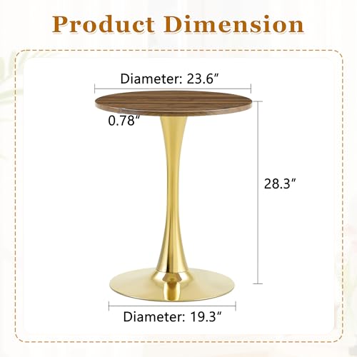 23.6" Round Dining Table, Mid-Century Modern Tulip Table with Thickened Tabletop & Metal Pedestal, Circle Bistro Table for Kitchen, Small Places, Apartments, Cafe - color: Walnut Gold, size: 23.6" dining table