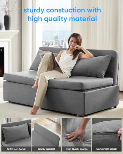 64.2" Queen Size Pull Out Sofa Bed，3-in-1 Linen Convertible Sleeper Sofa Bed,Loveseat Pullout Bed with Pillows and Tri-fold Mattress for Small Space/Bedroom,Light Grey - color: Light Grey, size: Queen