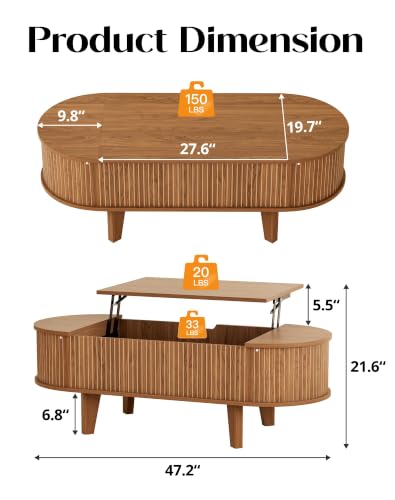 Fluted Oval Lift Top Coffee Table with Storage, 47" Wood Mid Century Modern Coffee Table for Living Room, Walnut - color: Walnut-oval (Flip Top)