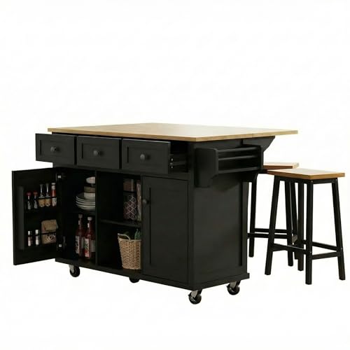 53'' Mobile Kitchen Island with Seating, Rolling Kitchen Island with Storage and Drop Leaf, 3 Drawers Islands Cart Rubberwood Top, 2 Open Shelves, Isla para Cocina, Black + 2 StooIs
