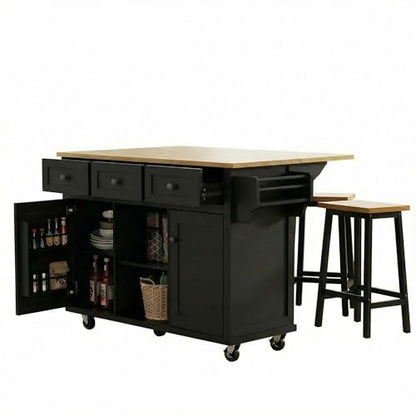 53'' Mobile Kitchen Island with Seating, Rolling Kitchen Island with Storage and Drop Leaf, 3 Drawers Islands Cart Rubberwood Top, 2 Open Shelves, Isla para Cocina, Black + 2 StooIs