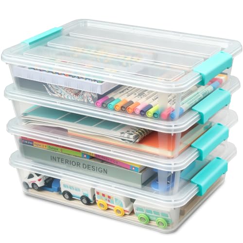 EOENVIVS 4 Pack Clear Storage Bins with Lids, A4 File Boxes, Green Latches | Craft storage bins sensory bins A4 paper US Letter paper classroom art supplies project organization - color: Clear+Green Latch Buckle
