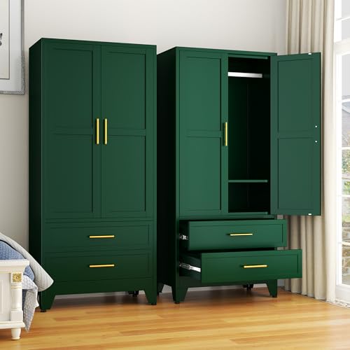 GAIOUS 71" Wardrobe Cabinet with 2 Doors, 1 Adjustable Shelf and 2 Drawers | Metal Clothing Storage Cabinets with Hanging Rod, Armoire Wardrobe Closet for Bedroom, Cloak Room, Gym (Green) - color: 2 Drawer Green, size: 17.71"D x 31.5"W x 71"H