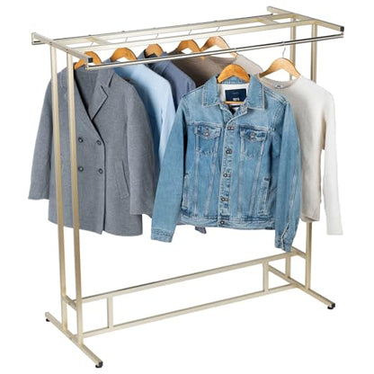 MyGift 4ft Tall Brass Tone Stainless Steel Freestanding Garment Rack, Heavy Duty Double Rod Clothes Closet Stand, Coat Dress Clothing Storage Display Shelf - color: Brass