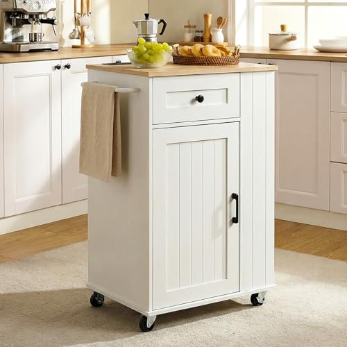 HOOBRO Kitchen Island on Wheels, Kitchen Island Cart with Power Outlet, Kitchen Storage Island with Spice Rack and Drawer, Island Table for Kitchen & Dining Room, White and Natural WN36UZD01