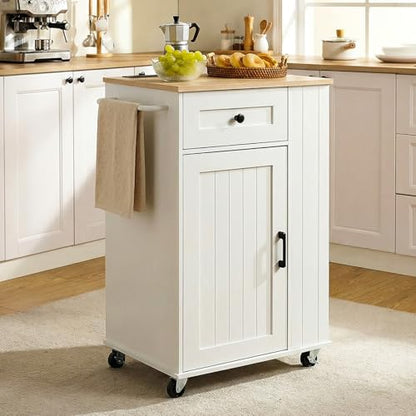 HOOBRO Kitchen Island on Wheels, Kitchen Island Cart with Power Outlet, Kitchen Storage Island with Spice Rack and Drawer, Island Table for Kitchen & Dining Room, White and Natural WN36UZD01