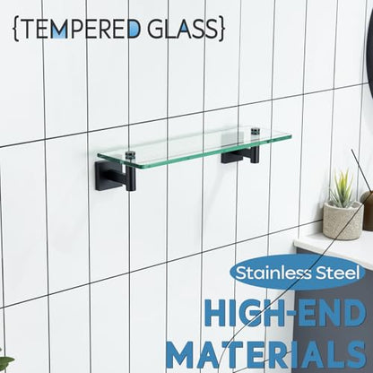 KOKOSIRI Bathroom Shelves Glass Floating Shelf 16-Inch for Bedroom Living Room Kitchen Hanging Rack Rustproof Wall Mounted Black 2 Pack B1105BK-L16-P2 - color: Matte Black, size: 16-Inch(2 Pack)