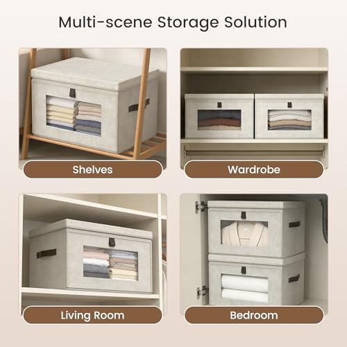 Magnetic Front Opening Fabric Storage Bins with Lids, 16.5×11.8×11in, 2Pack | Domsanistor 35L Storage Box with Window for Closet, Shelf, Living Room,Beige - size: 16.9 Inch-2 Pack