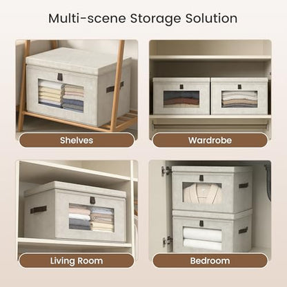 Magnetic Front Opening Fabric Storage Bins with Lids, 16.5×11.8×11in, 2Pack | Domsanistor 35L Storage Box with Window for Closet, Shelf, Living Room,Beige - size: 16.9 Inch-2 Pack