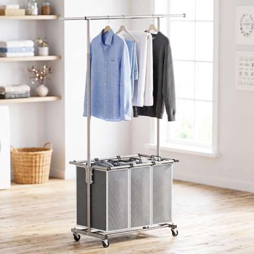 Simple Houseware Laundry Sorter Cart with Hanging Rod, Silver | Extendable Width from 30.6 to 48", Removable 3-Section Laundry Basket - color: Silver