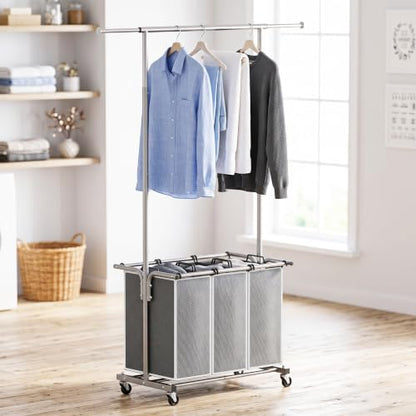 Simple Houseware Laundry Sorter Cart with Hanging Rod, Silver | Extendable Width from 30.6 to 48", Removable 3-Section Laundry Basket - color: Silver