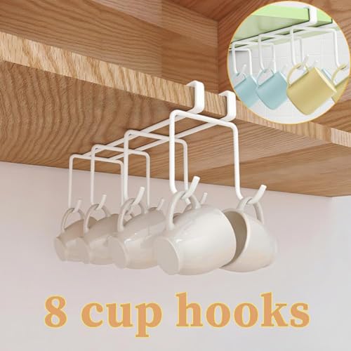 Mug Holder Under Cabinet,2pcs Coffee Mug Organizer for Kitchen,Fit for 0.8 Inch Thickness Shelf or Less,Nail Free Adhesive Coffee Cups Holder Hanger for Cups/Kitchen Utensils/Keys Storage (White) - color: White