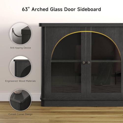 63 Inch Sideboard Buffet Cabinet with Glass Doors, Credenzas Cabinet, Black | 4 Doors, Arched, Large, Adjustable Shelves, Modern Style, for Living Room, Kitchen, Entryway