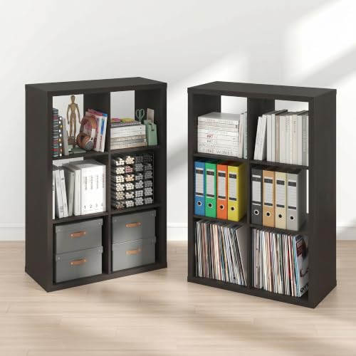 Furinno Cubicle Book Shelf Set of 2, 6-Cube Bookshelf, Black Dark Oak | 14.6 x 43.8 x 30, 1.2" Thick, Horizontal & Vertical Reversible Bookcase with Open Back, for Living Room, Bedroom, Home Office - color: Black Dark Oak, size: Set of 2, 6-Cube