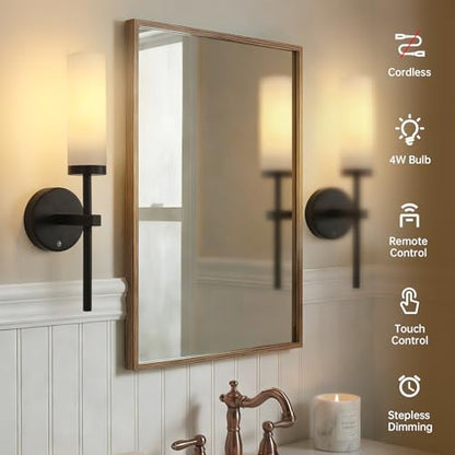 Shenmoyl Battery Operated Wall Sconces Set of 2, Black Rechargeable Wall Lighting Fixtures, Dimmable Wall Lights with Remote & Opal Glass Shade for Living Room, Bathroom,Bedroom - color: Black - Opal Glass