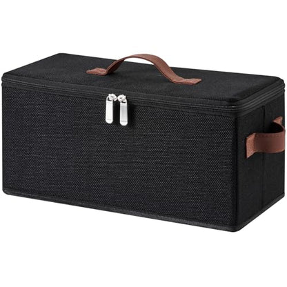 Storage Bins DVD Boxes CD Case Holder Basket with Zippered Lids | Cotton Linen Fabric Container, Decorative Foldable Stackable Washable Shelf Closet Organizer, PU Leather Handles, Black-Small - size: Small ( Pack of 1 )