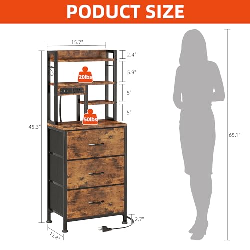 COTUBLR Night Stand, Tall Nightstand with Charging Station and LED Lights, Side Table with 4-Tier Shelves and 3 Fabric Drawers, 45.3" Tall Bedside End Tables for Bedroom, Hallway, Office, Rustic Brown - color: Rustic Brown
