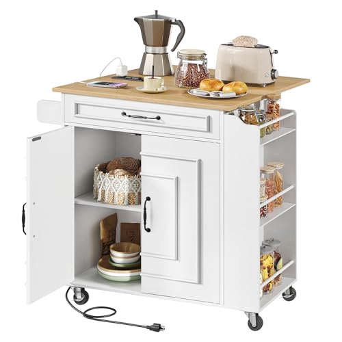 Kitchen Island with Power Outlets & Drop Leaf, Rolling Kitchen Cart on Wheels, Kitchen Storage Island with Spice Rack and Drawer, Mobile Island Table for Kitchen, Dinning, White and Natural - color: White + Natural