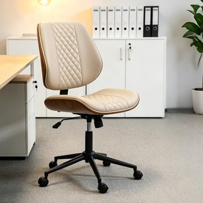 Modern Walnut Home Office Chair, Executive Desk Chair No Arms Beige | with Wheels, Adjustable Height, Comfy PU, Deeper Cushion, Mid Back, 360 Swivel Computer Chair - color: Beige