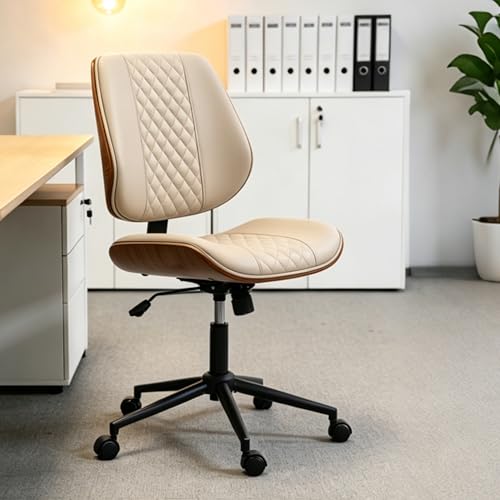 Modern Walnut Home Office Chair, Executive Desk Chair No Arms Beige | with Wheels, Adjustable Height, Comfy PU, Deeper Cushion, Mid Back, 360 Swivel Computer Chair - color: Beige