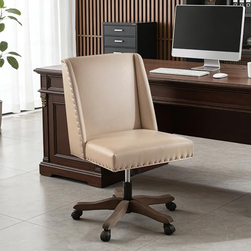 Upholstered Armless Office Chair Faux Leather Swivel Home Desk Office Chair | Modern Comfy Boho Office Chair with Wheels Adjustable Desk Chair no Arms for Sewing Women Farmhouse Study Studio PU Beige - color: Pu Beige