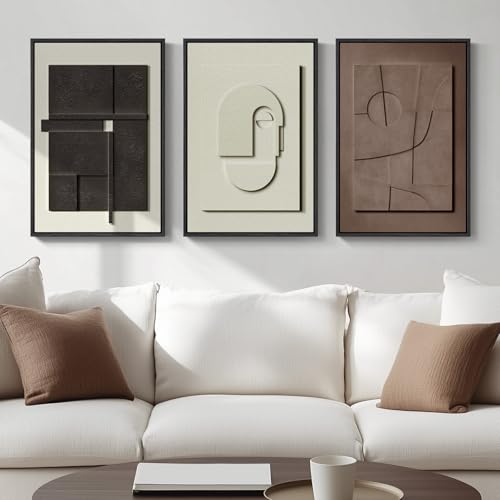 3D Textured Framed Abstract Wall Art, 3 Piece Modern Paintings Artwork for Walls, Black White Brown Geometric Sandstone Texture Pictures for Living Room Dining Room Bedroom Office Wall Decor 16x24 In | Texture Paintings, Minimalist Neutral Black White Bro