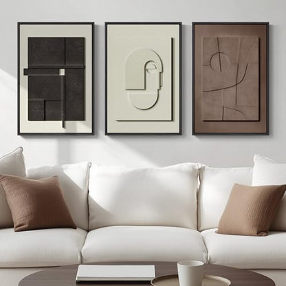 3D Textured Framed Abstract Wall Art, 3 Piece Modern Paintings Artwork for Walls, Black White Brown Geometric Sandstone Texture Pictures for Living Room Dining Room Bedroom Office Wall Decor 16x24 In | Texture Paintings, Minimalist Neutral Black White Bro