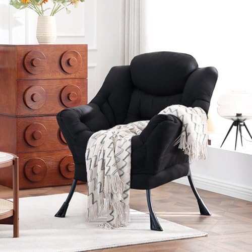 Lazy Chair, Comfy Reading Accent Chair for Bedroom, Black | Comfy Bedroom Accent Chair with Washable Removable Cover and extra throw pillowfor Living Room Dorm - color: Black-single