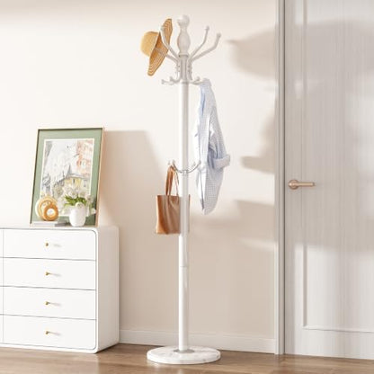 Metal Coat Rack Stand Coat Rack Freestanding with 360° Rotary,White | Modern Coat Rack with 360° Rotary Design Sturdy Heavy Duty Hall Tree Hats Hanger Holder Stand 14 Hooks for Hallway Office - color: White with Rotatable Hooks