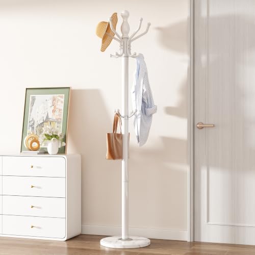 Metal Coat Rack Stand Coat Rack Freestanding with 360° Rotary,White | Modern Coat Rack with 360° Rotary Design Sturdy Heavy Duty Hall Tree Hats Hanger Holder Stand 14 Hooks for Hallway Office - color: White with Rotatable Hooks