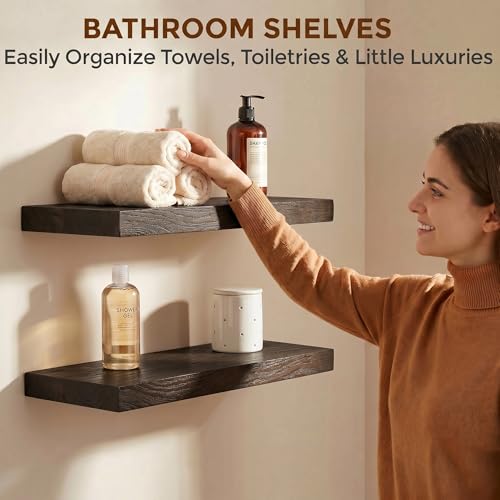 Dreamland 18 Inch Long Floating Shelves Set of 2, Rustic Solid Elm Wood Floating Shelf Wall Mounted, 8 Inch Deep Wall Shelves with Invisible Bracket for Living Room Bathroom Bedroom Kitchen, Walnut - color: Walnut, size: Flat Edge - 18"L