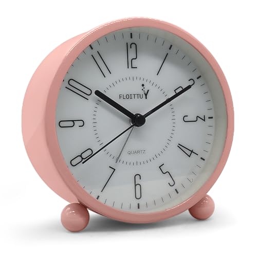 FLOITTUY Super Silent Metal Alarm Clock,Beep Wake Round Alarm Clock with Night Light,Battery Operated,Easy Set,Simple & Retro for Desk, Bedroom and Home Decoration(Pink) - color: Pink