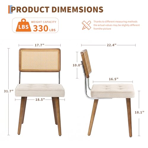 GarveeHome Natural Rattan Dining Chairs Set of 2, Linen Upholstered Kitchen Chairs with Tall Cane Backrest and Strong Wood Legs for Dining Room, Kitchen, Restaurant, Beige - color: Beige, size: 2 PCS