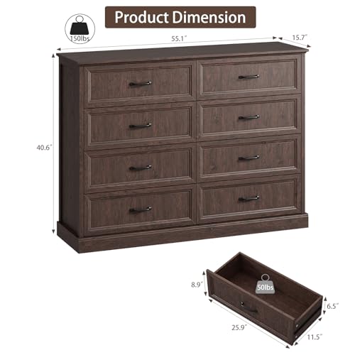 Farmhouse 8 Drawer Dresser for Bedroom, 55" Brown Dresser with TV Stand | Wide Dresser with Large Drawers & Bar Handles, Rustic Wood Chest of Drawers for Living Room, Hallway, Entryway. - color: Brown, size: 16"D x 55"W x 41"H (8 Drawers)