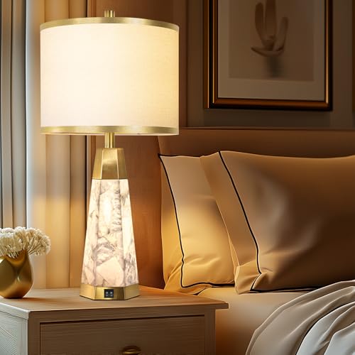 KIVDITZO 27" Alabaster Table Lamps Set of 2 for Bedroom with Night Light | Bedside Lamps with White Linen Shade, Nightstand Table Lamp with USB A+C Port, for Living Room Office (Bulbs Included) - color: Gold