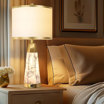 KIVDITZO 27" Alabaster Table Lamps Set of 2 for Bedroom with Night Light | Bedside Lamps with White Linen Shade, Nightstand Table Lamp with USB A+C Port, for Living Room Office (Bulbs Included) - color: Gold