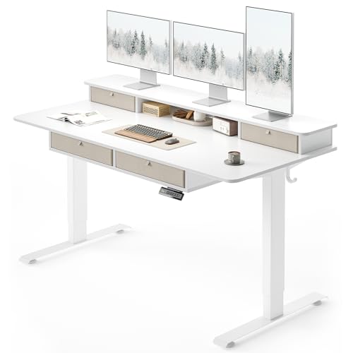 FEZIBO 60 x 30 inch Standing Electric Desk with Drawers, White | Height Adjustable Workstation, Computer Sit Stand Up Office Table with Large Storage Shelf, 4 Drawers and 2 Hooks - color: White, size: 60 inch without Keyboard Tray