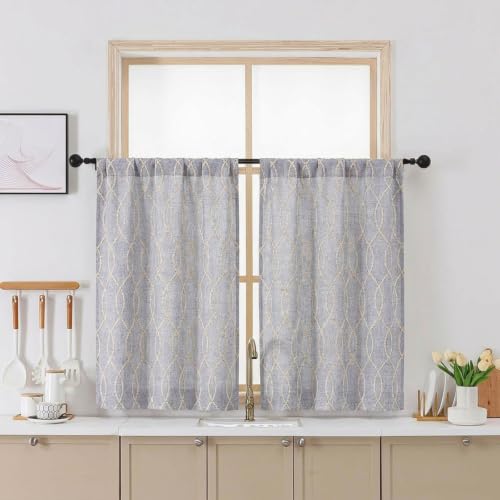 Chyhomenyc Short Curtains Tiers 36 Inch Length, 2 Packs | Light Filtering Faux Linen Half Window Cafe Curtains for Bathroom Laundry, Each 26Wx36L, Gray with Beige 3D Wave Line - color: Gray With Beige, size: 26"W x 36"L (Pack of 2)