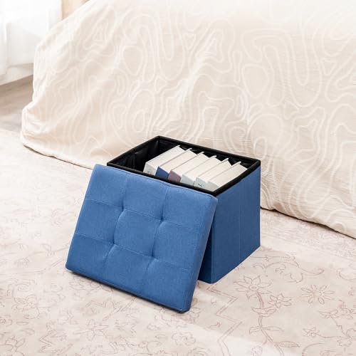 Small Storage Ottoman,Foldable Foot Stool with Reversible Tray Lid,Linen Ottoman Foot Rest Stool with Padded Seat,for Living Room Bedroom,11.6x16.3x11.4 Inches,Blue - color: Royal Blue-linen, size: 16" Wide