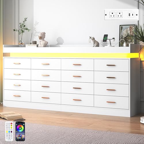 jiteentarou 16 Drawer Dresser with Charging Station and LED Lights, Modern Chest of Drawers with Power Outlet, Organizer Cabinet for Bedroom, Living Room, Entryway, White - color: White, size: 15.7"D x 78.7"W x 36.4"H (16 Drawers)