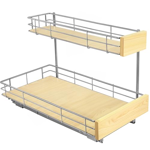 LYNK PROFESSIONAL® SELECT™ Pull Out Under Sink Kitchen Cabinet Organizer - 11.5 in. x 21 inch deep Drawer - Sliding Shelf Organizer and Undersink Storage Shelves - Lifetime Ltd. Warranty – Chrome - color: 11.5"W x 21"D Wood