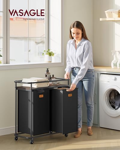 VASAGLE Laundry Sorter, Laundry Hamper with Wheels, 26.4 Gal. (100 L) Portable Rolling Cart Baskets with Shelf, 2 Removable Liners and 6 Labels, Ink Black and Chestnut Brown UBLH102BH01 - size: 2 Bags